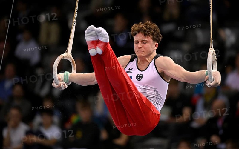 Alexander Kurz GER rings action gymnastics, EnBW DTB-Pokal, Porsche-Arena, Stuttgart, Baden-Württemberg, Germany, Europe