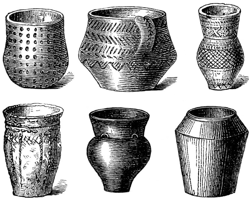 Clay vessels used as grave goods in the English barrows, clay pots in various shapes with ornaments, history of prehistoric mankind, Emgland, historical illustration 1880