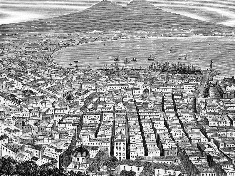 View of the city of Naples, the Gulf of Naples and Mount Vesuvius, view from above, houses, streets, ground plan, Mediterranean Sea, geography, historical illustration 1888