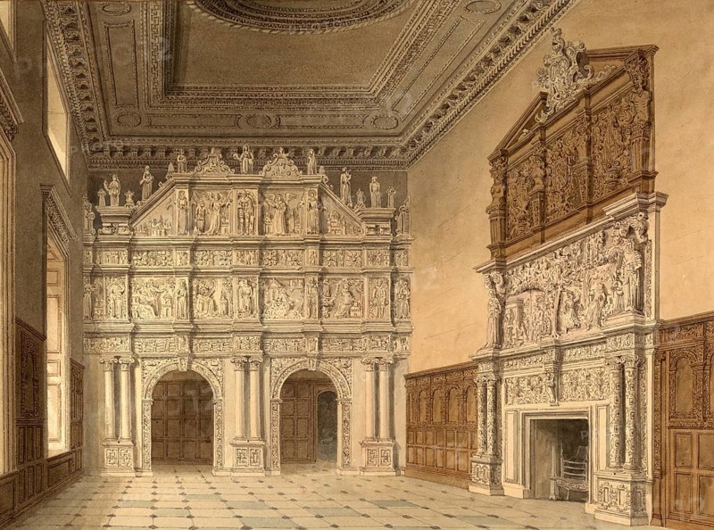 Interior view of the hall at Burton Agnes, Yorkshire, the Seat of Sir Francis Boynton Bart, England, digitally restored reproduction of a 19th-century original by John Buckler, Record date not stated, Interior View of the hall at Burton Agnes, Yorkshire the Seat of Sir Francis Boynton Bart, digitally restored reproduction of a 19th-century original, Record date not stated