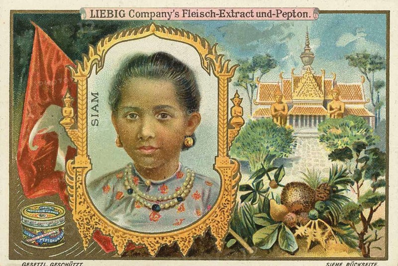 Series Children from foreign countries, Siam, Thailand, Liebig picture, digitally restored reproduction of a collector's picture from ca 1900, public domain, exact date unknown, Siamese woman in front of an Asian temple and natural surroundings, Asia