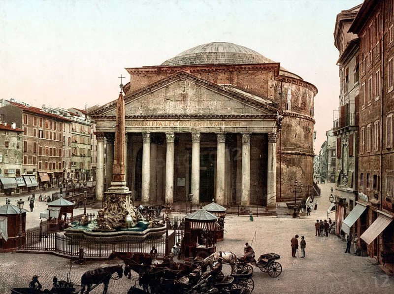 Pantheon Fountain on the Piazza della Rotonda, Rome, Italy, 1890, Historical, digitally restored reproduction from a 19th century original, Record date not stated, Europe