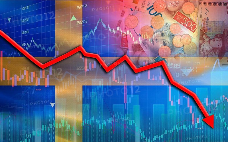 Sweden financial fall on economy market. Sweden financial crisis on economic graph