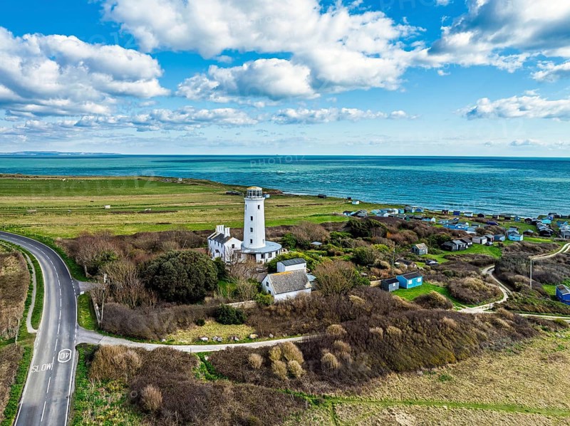 Portland Bird Observatory from a drone, Bill Lighthouse, Portland Bill, Isle of Portland, Dorset, England, United Kingdom, Europe