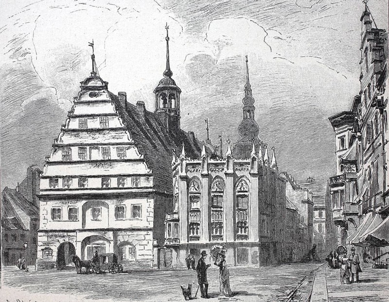 Market square and town hall of Greifswald, around 1900, Germany, reproduction of an original, historical, Europe
