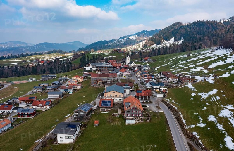 Drone image, residential buildings, settlement area, parish church, Riefensberg, Bregenzerwald, Vorarlberg, Austria, Europe