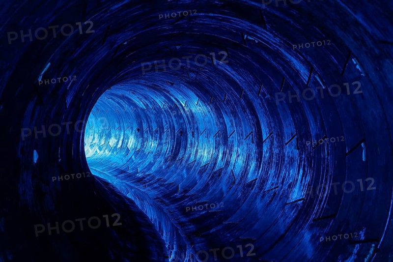Blue illuminated Emscher sewer in front of commissioning, Oberhausen, Ruhr area, North Rhine-Westphalia, Germany, Europe