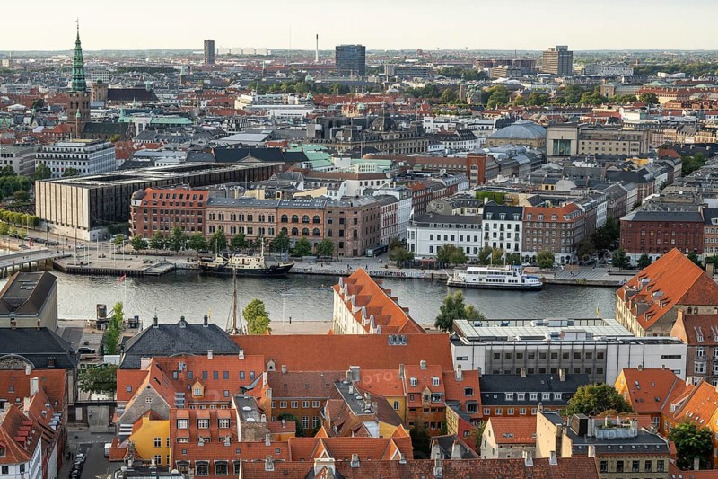 View from Vor Frelsers Kirke to Christianshavn district and city centre of Copenhagen, Copenhagen, Denmark, Europe