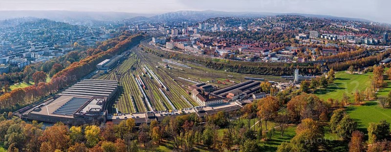 Track apron at the main railway station, Europaviertel Stuttgart. After completion of the Stuttgart 21 project, flats and the new Rosenstein neighbourhood are to be built here. Urban development. Aerial view, panoramic photo. Stuttgart, Baden-Württemberg, Germany, Europe