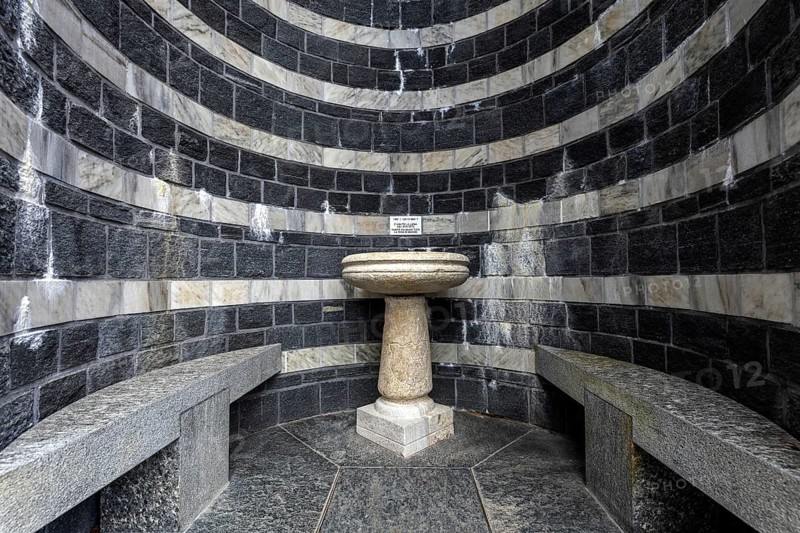 Fountain, outdoor fountain, Chiesa di San Giovanni Battista, architect Mario Botta, Mogno, near Fusio, Lavizzara, Canton Ticino, Switzerland, Europe