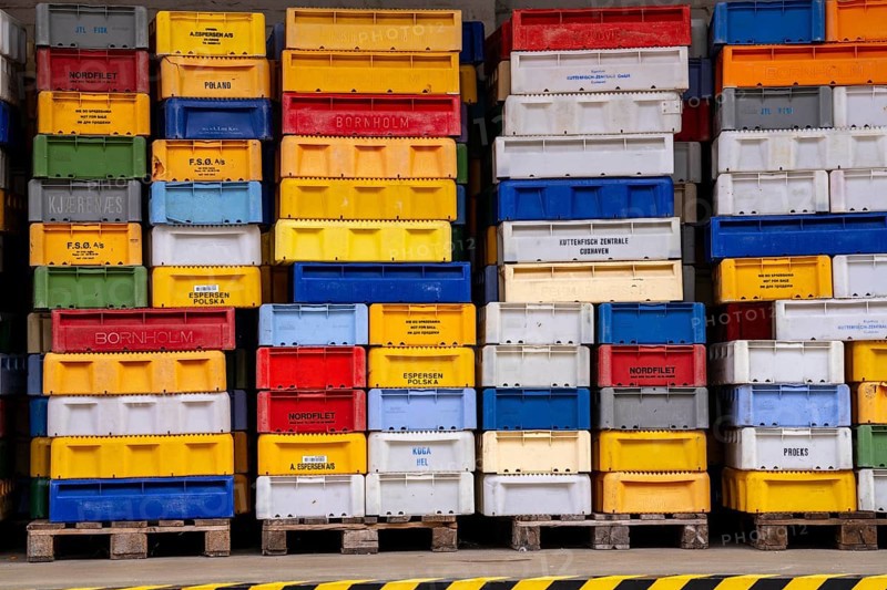 The town harbour of Sassnitz, island of Rügen, boxes of fish waiting for the new catch, at the fishing harbour, Mecklenburg-Vorpommern, Germany, Europe