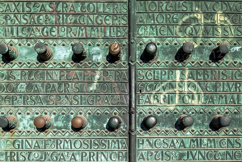 Sint-Theodarduskerk, Mijnkathedraal, St. Theodard Church, close-up of bronze door, Beringen-Mijn, Beringen, Koersel, Limburg, Flanders, Belgium, Europe