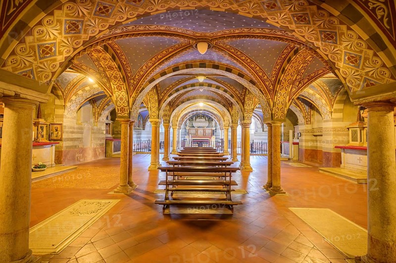 View of the main altar with the ark of St Marcellinus in the crypt, Cathedral of Santa Maria Assunta, Cremona, Province of Cremona, Italy, Europe