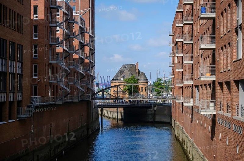 Hamburg, Germany - Warehouses in the Speicherstadt, harbour police station behind