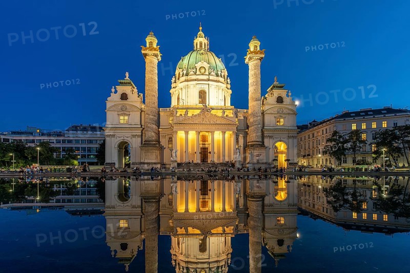 The baroque Karlskirche church at dusk, Vienna, Austria, Europe