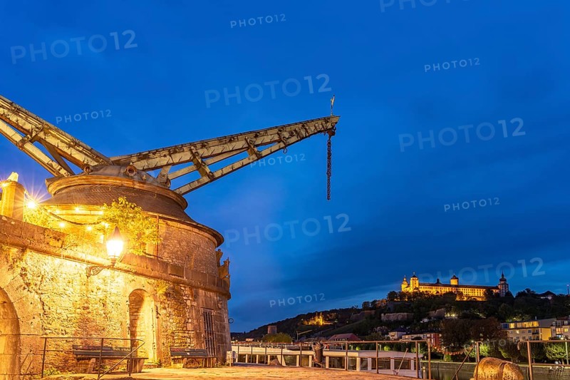 The Alter Kranen on the banks of the Main at dusk, Würzburg, Bavaria, Germany, Europe