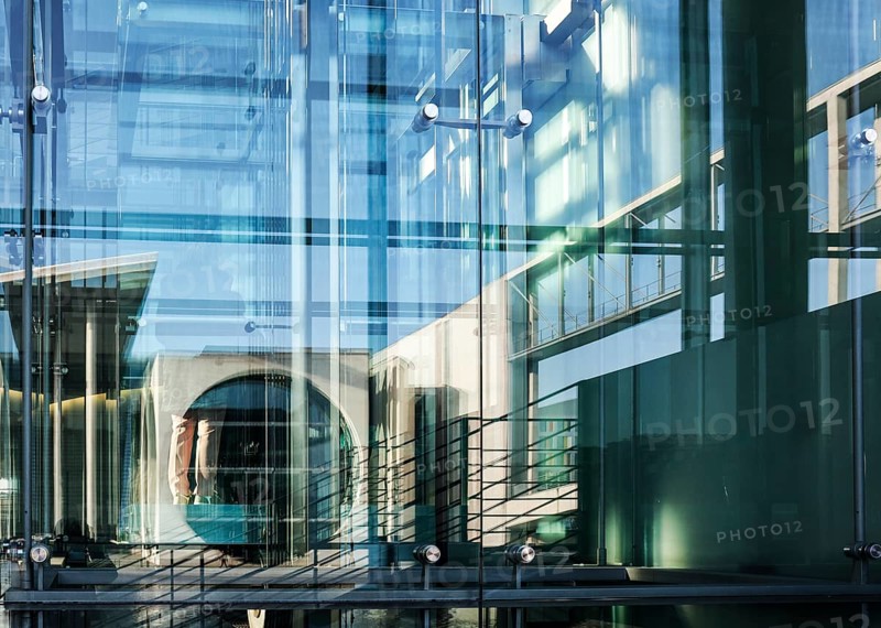 The Marie-Elisabeth Lüders House is reflected in the window of the Paul Löbe House, both parliament buildings belong to the German Bundestag, Berlin, 11 February 2025, Berlin, Berlin, Germany, Europe