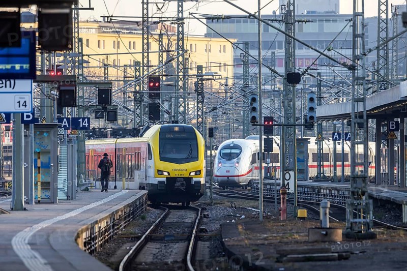 Stuttgart main station. Track apron with railway technology, ICE and regional train. Stuttgart, Baden-Württemberg, Germany, Europe