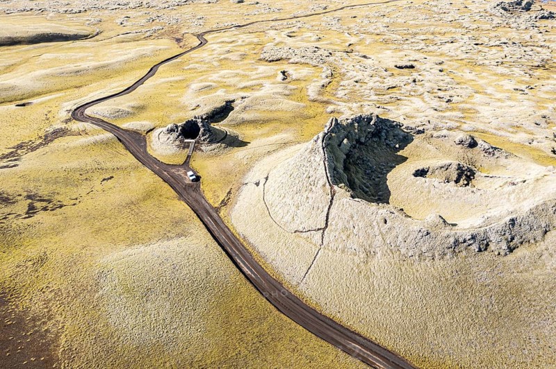 Single crater of the Laki crater row, top down view, viewing platform, 4x4 car on road F206, Iceland, Europe