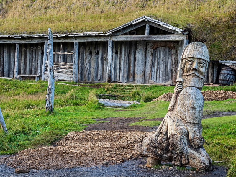 House in viking village, rebuild viking houses at Stokksnes, east of Höfn, East Fjords, Iceland, Europe