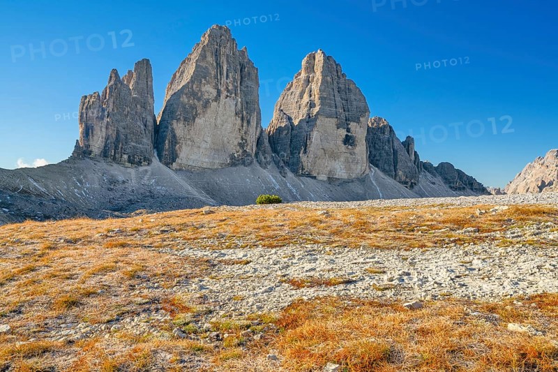 Three Peaks in autumn, blue sky, Sesto Dolomites, South Tyrol, Italy, Europe