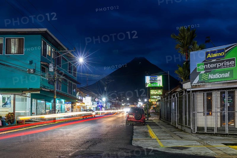 Road with view of the Arenal Volcano, Blue Hour, La Fortuna, Guanacaste, Costa Rica, Central America