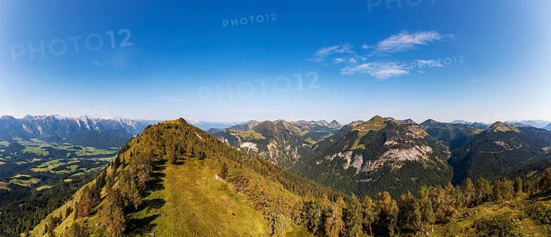 Drone shot, summit of the Einberg with a view of the Lammertal and Tennengebirge mountains, Osterhorn group, Salzkammergut, Salzburg province, Austria, Europe