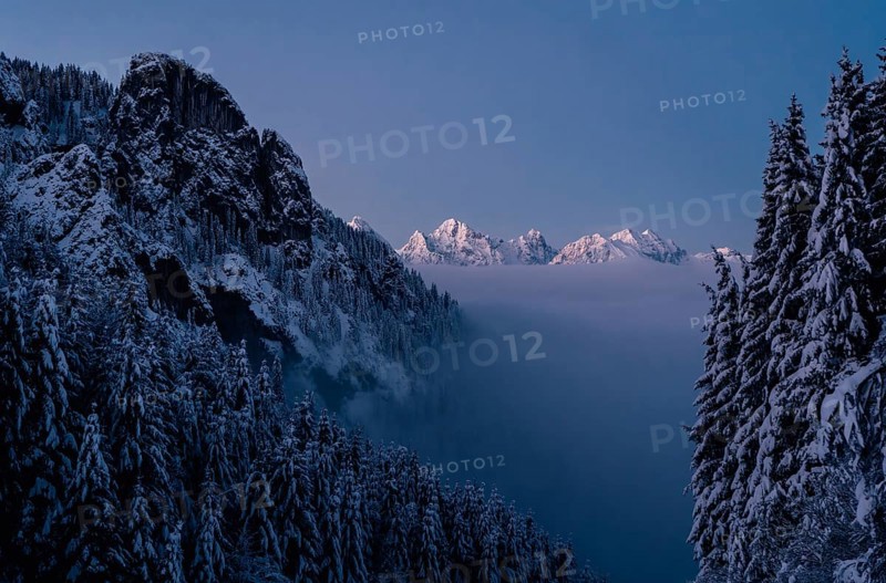 Sunrise snow tour on the Tegelberg in the Allgäu in Bavaria. Winter Wonder Land, Germany, Europe