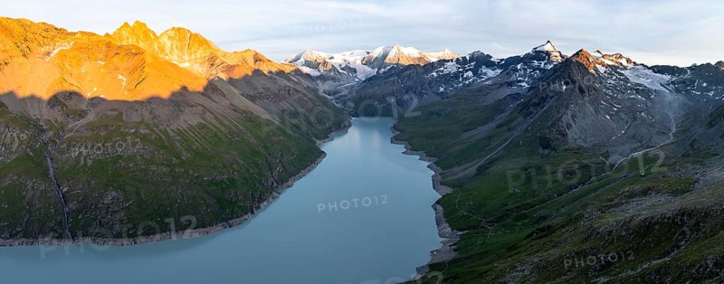 Alpine panorama with Pigne d'Arolla, Lac de Dix, sunset in the mountains, reservoir, Valais Alps, Valais, Switzerland, Europe