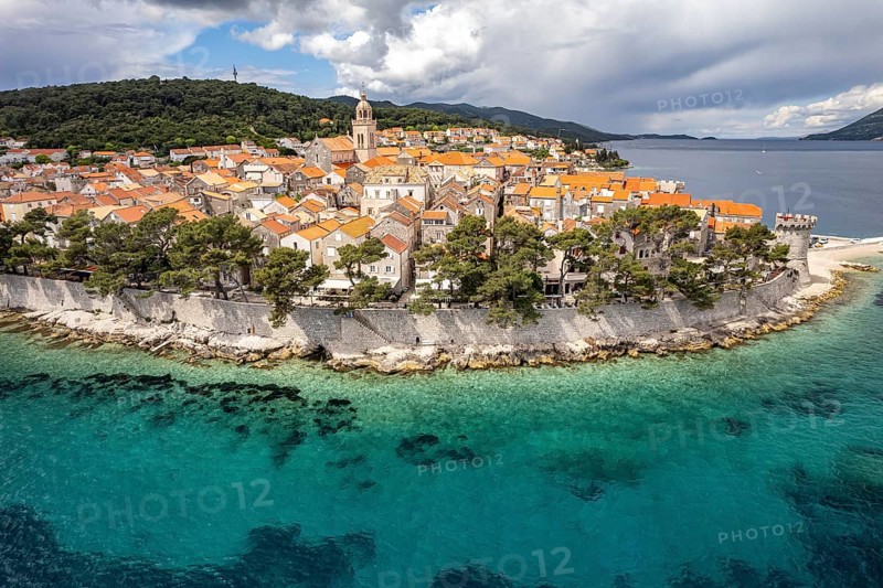 The old town centre of Korcula town seen from the air, Croatia, Europe