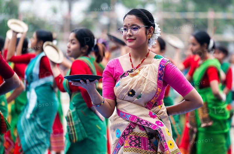 Participants with instructor dance in a Bihu dance workshop ahead of Rongali Bihu Festival, in Guwahati, India on 6 April 2025