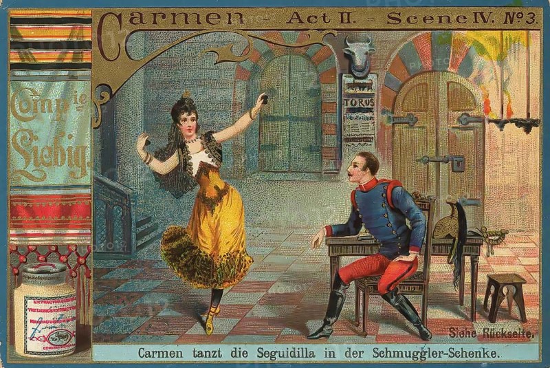 Picture series Opera Carmen, Carmen dances the Seguidilla in the smugglers' tavern, Liebig picture, digitally restored reproduction of a collector's picture from ca 1900, public domain, exact date unknown, Carmen dances in front of a man in a smugglers' scene