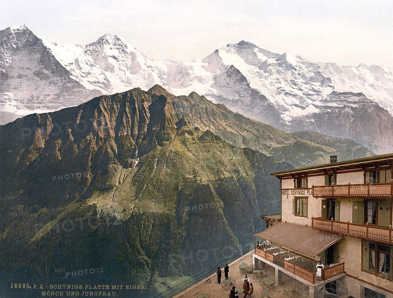 Schynige Platte, Eiger, Mönch und Jungfrau, Bernese Oberland, Switzerland, Historic, digitally restored reproduction from a 19th century original, Record date not stated, Monch and Jungfrau, Bernese Oberland, Switzerland, Historic, digitally restored reproduction from a 19th century original, Record date not stated, Europe