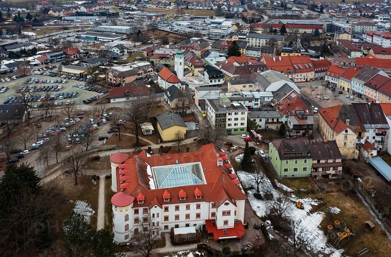 Drone shot, townscape with residential buildings and shopping centres, town view, Feldkirchen in Kärnten, Carinthia, Klagenfurt basin, Austria, Europe