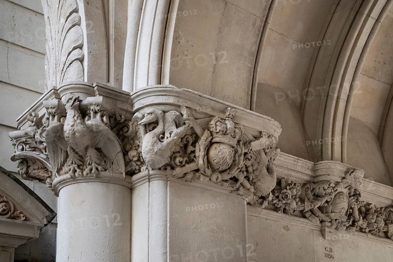 Decorated capitals with sculptures and reliefs, Middle Temple Lane entrance, The Inns of Court, London, England, Great Britain