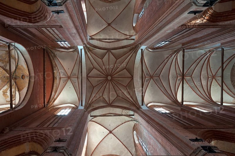 Ceiling vault of St Georgen, Gothic brick building of the 14th century, under reconstruction, Wismar, Mecklenburg-Vorpommern, Germany, Europe