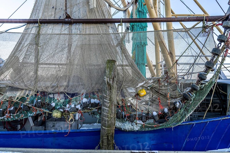 The fishing village of Greetsiel, historic fishing harbour, with the largest shrimp cutter fleet in East Frisia, fishing nets, fishing nets, winter, Lower Saxony, Germany, Europe