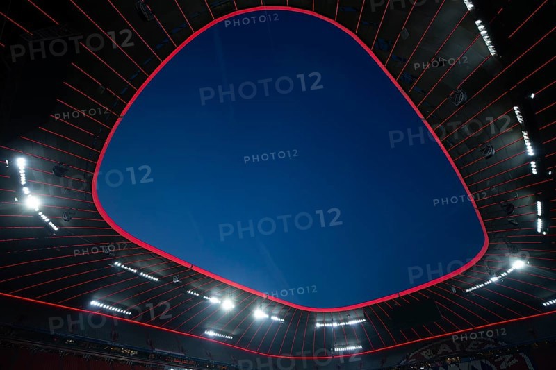 Roof construction, stadium, interior, illuminated, blue hour, Allianz Arena, Munich, Bavaria, Germany, Europe