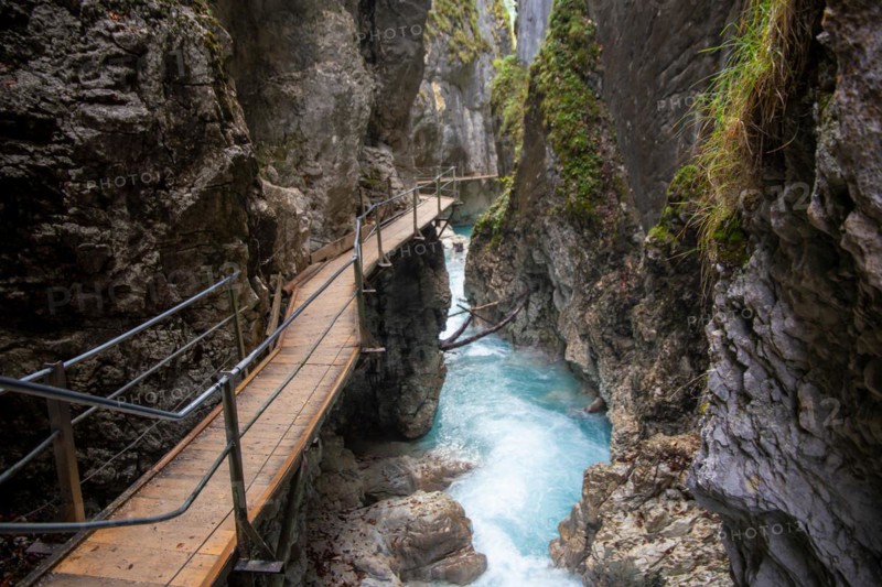 Waterfall trail at the Leutaschklamm gorge in the border forest between Tyrol and Bavaria