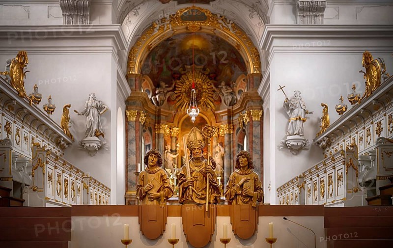 Interior view of the main altar with painting St John on Patmos by Johann Baptist Zimmermann, Neumünster parish church, Würzburg, Lower Franconia, Bavaria, Germany, Europe