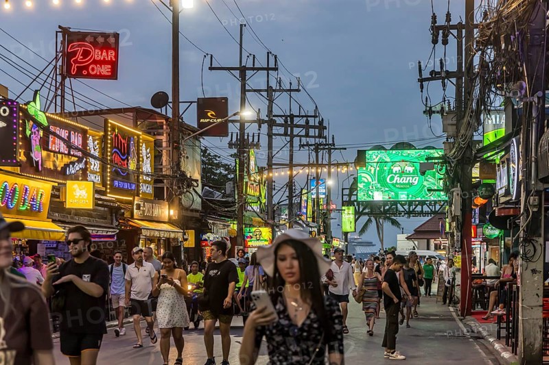 Crowds of people on Bangla Street in the evening. Nightlife on Bangla Walking Street with go-go bars, clubs, cannabis bars and extreme loudness. Patong, Kathu, Phuket Island, Thailand, Asia