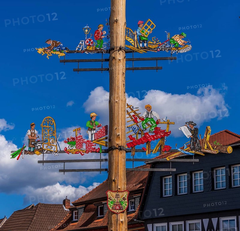 Maypole on the market square, close-up, Seligenstadt, Hesse, Germany, Europe