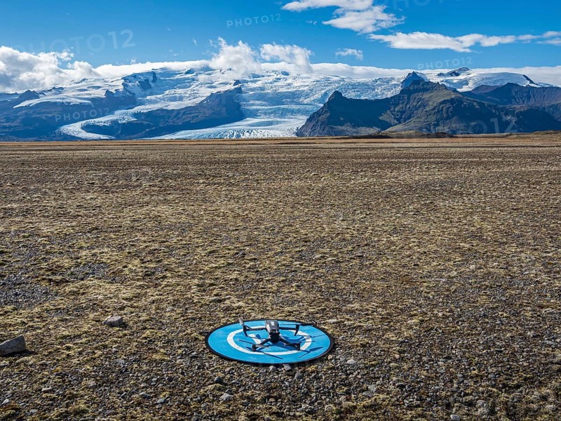 Drone on a landing pad, glacial floodplains of the Vatnajökull glacier, glacier Vatnajökull, Iceland, Europe