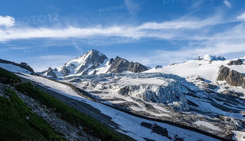 High alpine mountain landscape, summit of the Aiguille de Chardonnet and Glacier du Tour, glaciers and mountain peaks, Chamonix, Haute-Savoie, France, Europe