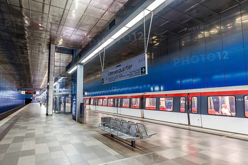 Hochbahn Hamburg metro metro station at Überseequartier station in Hamburg, Germany, Europe