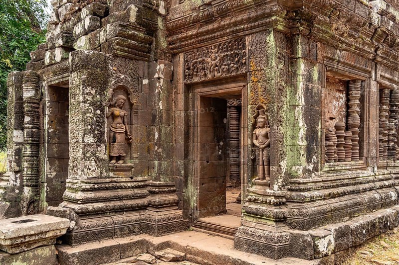 Apsara reliefs at the sanctuary of the mountain temple Wat Phu, Champasak province, Laos, Asia