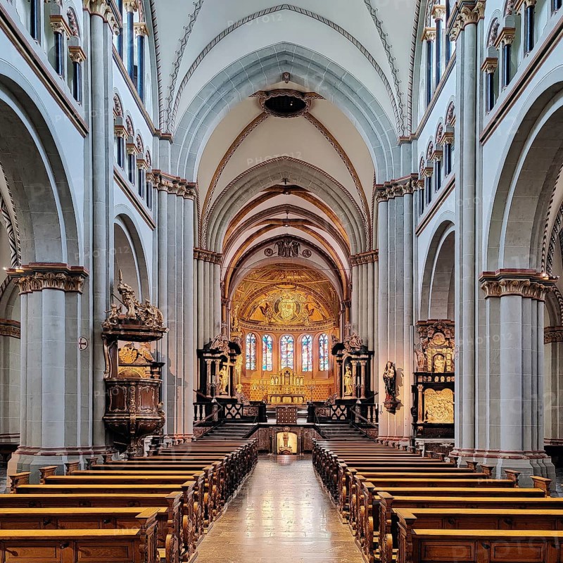 Interior view of Bonn Minster, nave with view of the eastern apse, Bonn, North Rhine-Westphalia, Germany, Europe