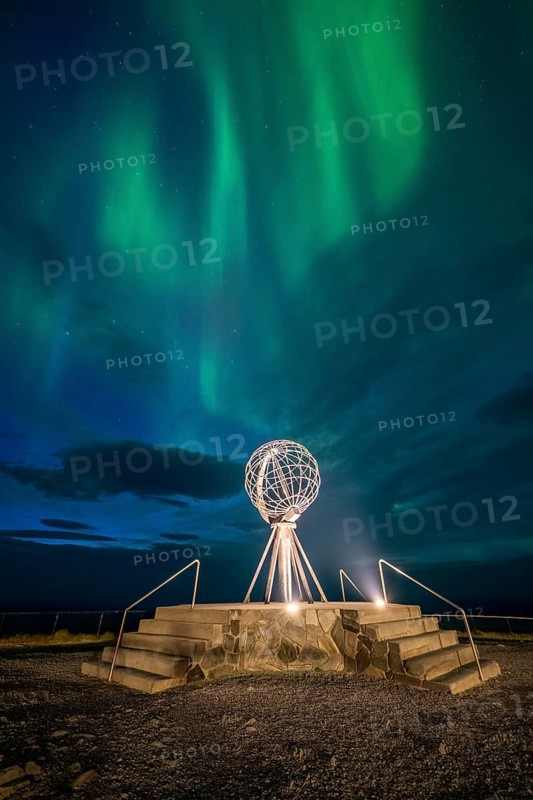 Northern Lights at the North Cape with steel globe, Nordkapp, Finnmark, Norway, Europe