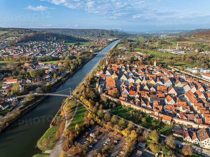 Historic center of village Berching, half-timbered houses, town wall, aerial view, Berching, Bavaria, Germany, Europe