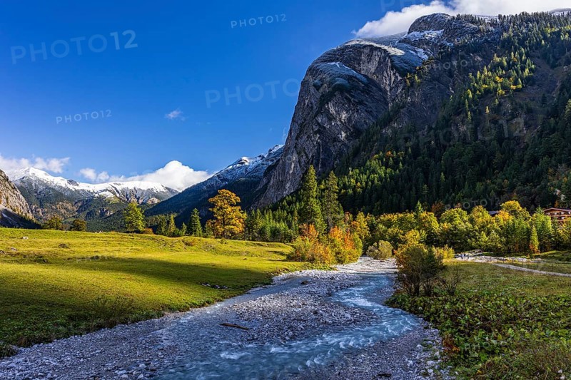 Brook, mountain landscape, maple trees, snow-covered mountains, sunny, autumn, Großer Ahornboden, Karwendel Mountains, Tyrol, Austria, Europe